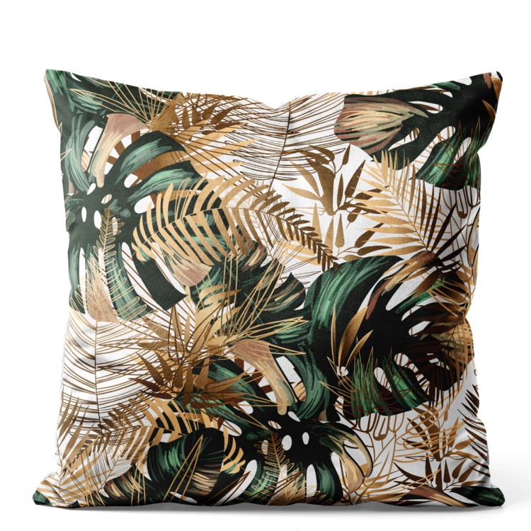 Decorative Velor Pillow Contrasting leaves - plant motif in shades of green and gold 147251