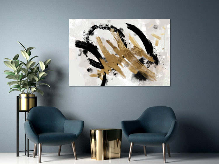 Canvas Print Golden streaks - Abstraction with blots in black, gold, gray and white 149651 additionalImage 3