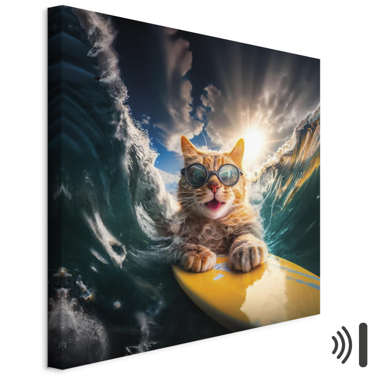 Canvas Print AI Cat - Ginger Animal Surfing on a Board in a Stormy Sea - Square 150251 additionalImage 8