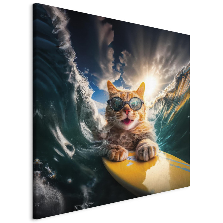 Canvas Print AI Cat - Ginger Animal Surfing on a Board in a Stormy Sea - Square 150251 additionalImage 2