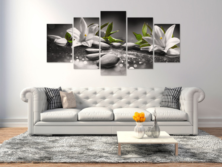 Canvas Lilies and Stones (5-part) Wide Gray - Nature in Zen Style 108261 additionalImage 3