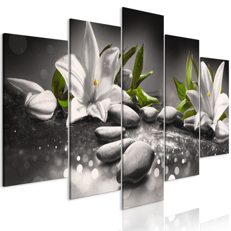 Canvas Lilies and Stones (5-part) Wide Gray - Nature in Zen Style 108261 additionalImage 2