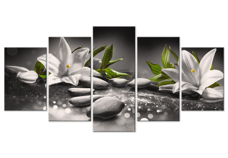 Canvas Lilies and Stones (5-part) Wide Gray - Nature in Zen Style 108261