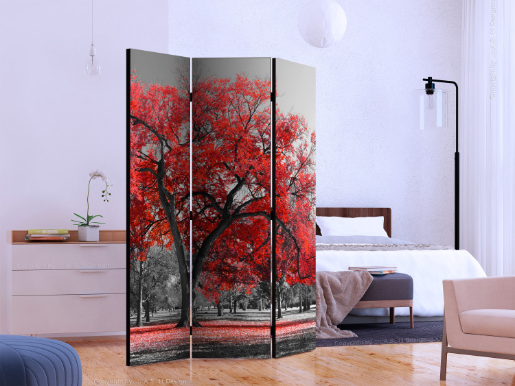 Room Separator Autumn in the Park - black and white landscape with distinct red leaves 122961 additionalImage 2