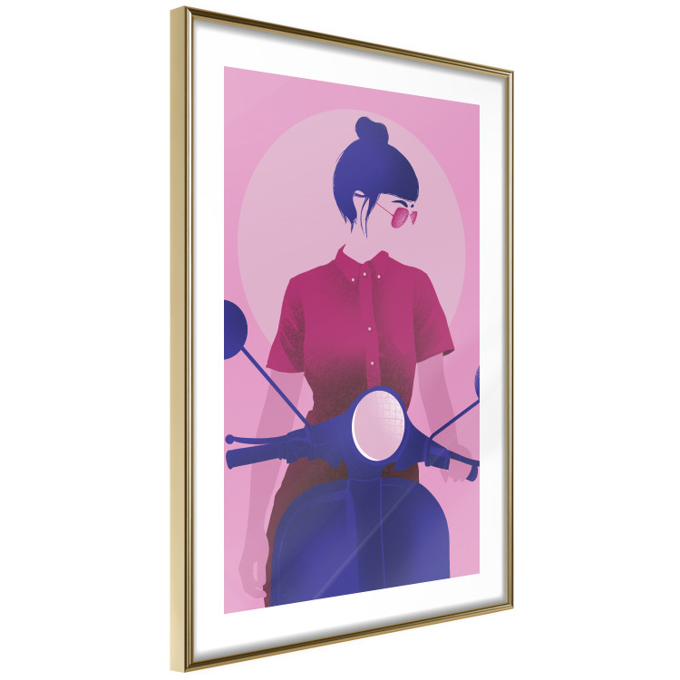 Poster Woman on Scooter - woman on a motorcycle in pastel pink color 123361 additionalImage 6