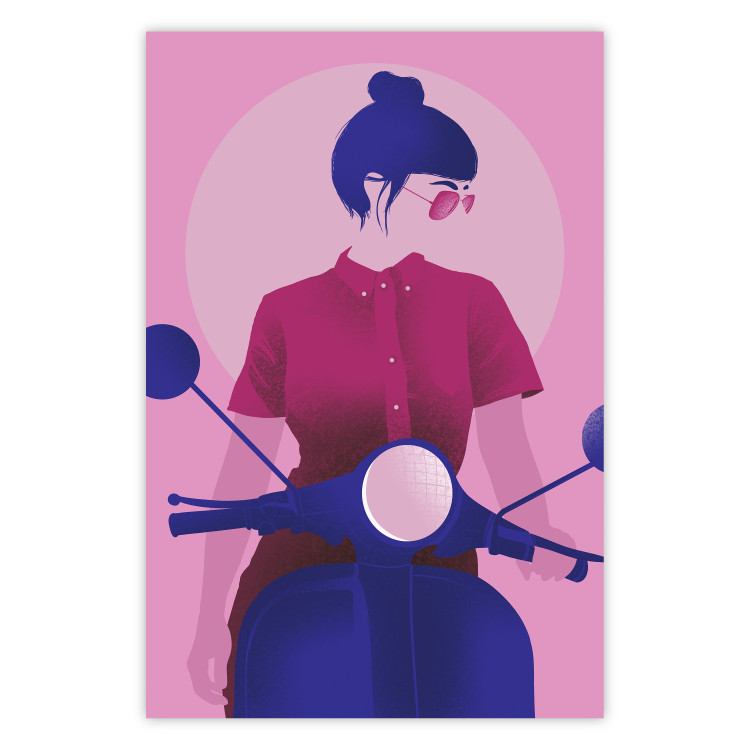 Poster Woman on Scooter - woman on a motorcycle in pastel pink color 123361