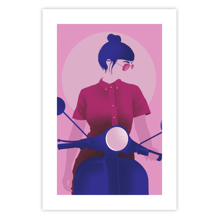 Poster Woman on Scooter - woman on a motorcycle in pastel pink color 123361 additionalImage 15