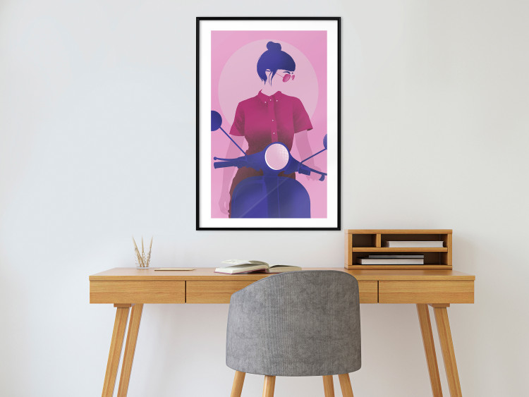 Poster Woman on Scooter - woman on a motorcycle in pastel pink color 123361 additionalImage 4
