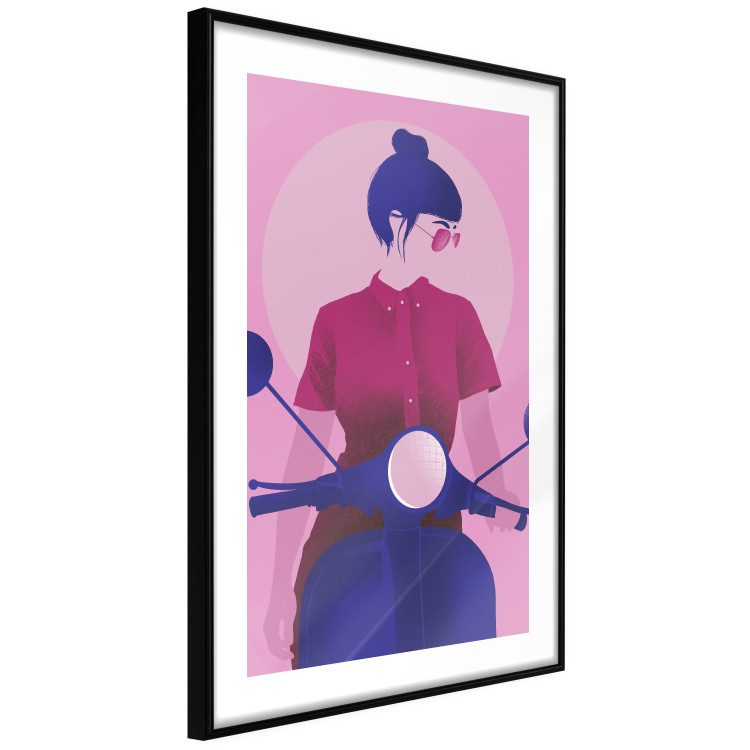 Poster Woman on Scooter - woman on a motorcycle in pastel pink color 123361 additionalImage 11