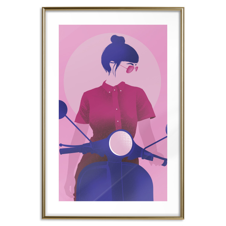 Poster Woman on Scooter - woman on a motorcycle in pastel pink color 123361 additionalImage 20