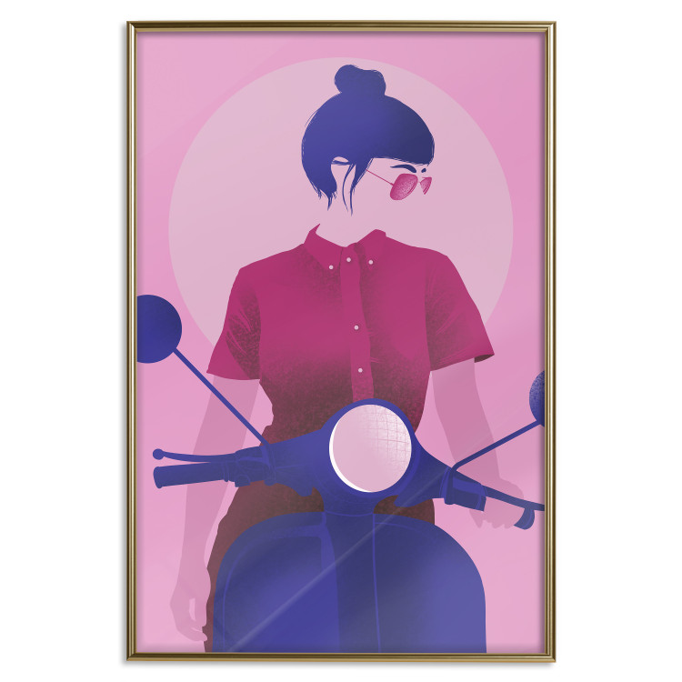 Poster Woman on Scooter - woman on a motorcycle in pastel pink color 123361 additionalImage 19