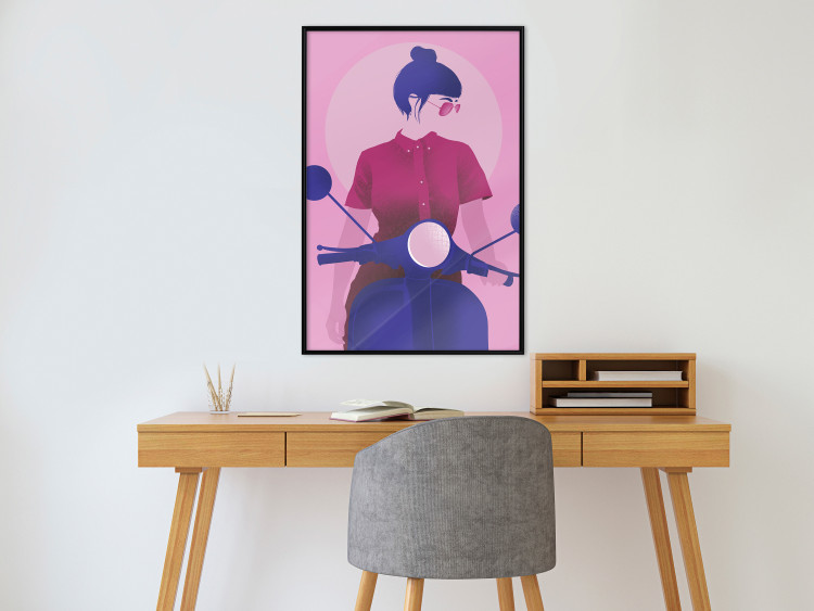 Poster Woman on Scooter - woman on a motorcycle in pastel pink color 123361 additionalImage 3