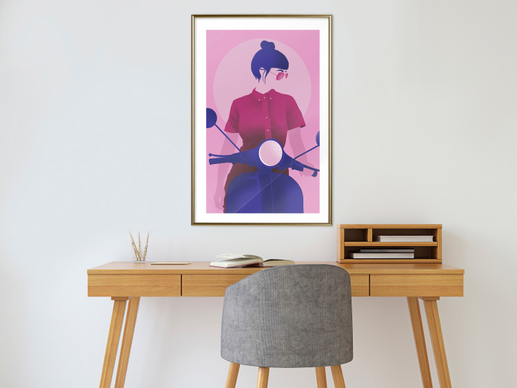 Poster Woman on Scooter - woman on a motorcycle in pastel pink color 123361 additionalImage 13