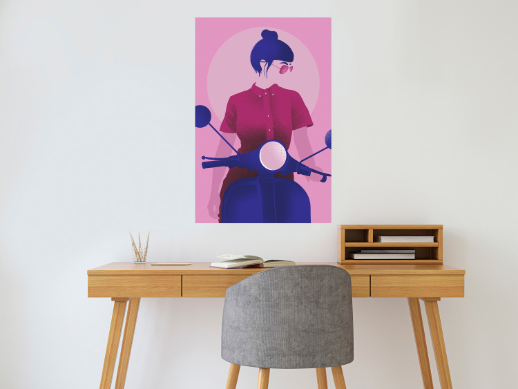 Poster Woman on Scooter - woman on a motorcycle in pastel pink color 123361 additionalImage 17
