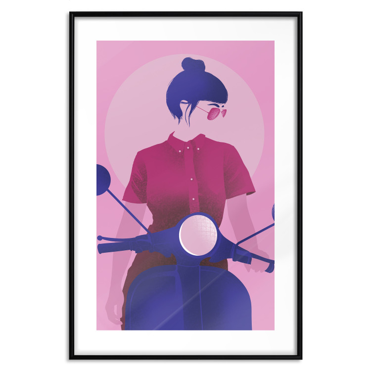 Poster Woman on Scooter - woman on a motorcycle in pastel pink color 123361 additionalImage 18