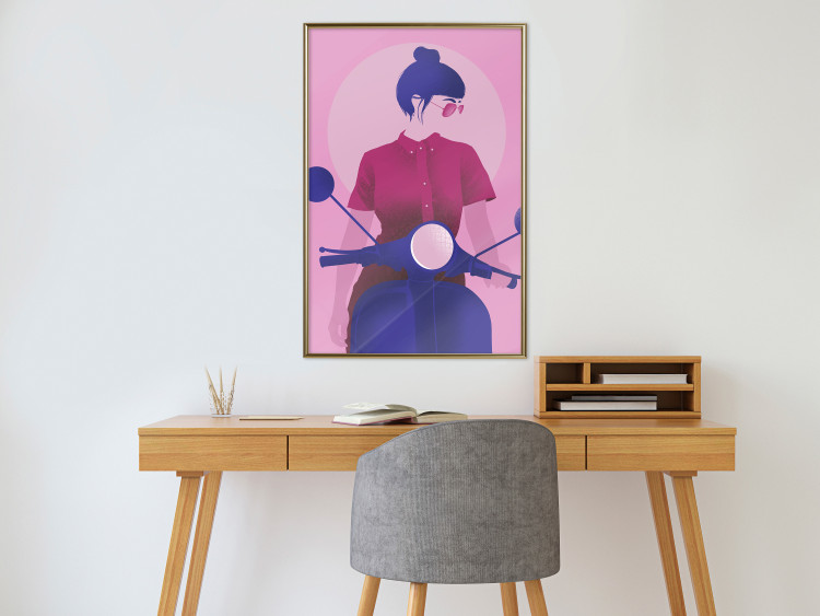 Poster Woman on Scooter - woman on a motorcycle in pastel pink color 123361 additionalImage 5