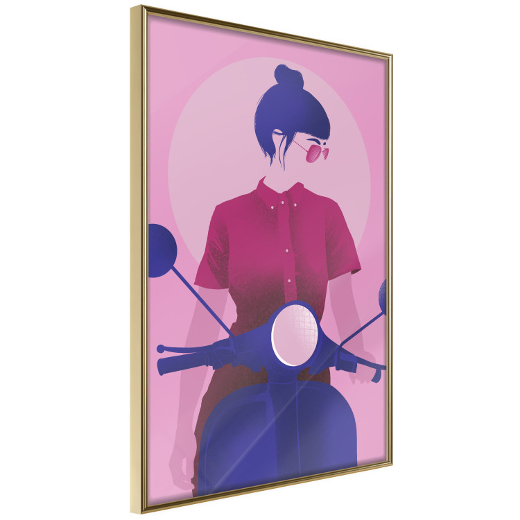 Poster Woman on Scooter - woman on a motorcycle in pastel pink color 123361 additionalImage 12