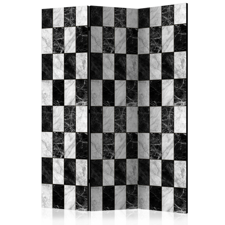 Room Divider Screen Checkerboard (3-piece) - black and white geometric pattern on marble 124161