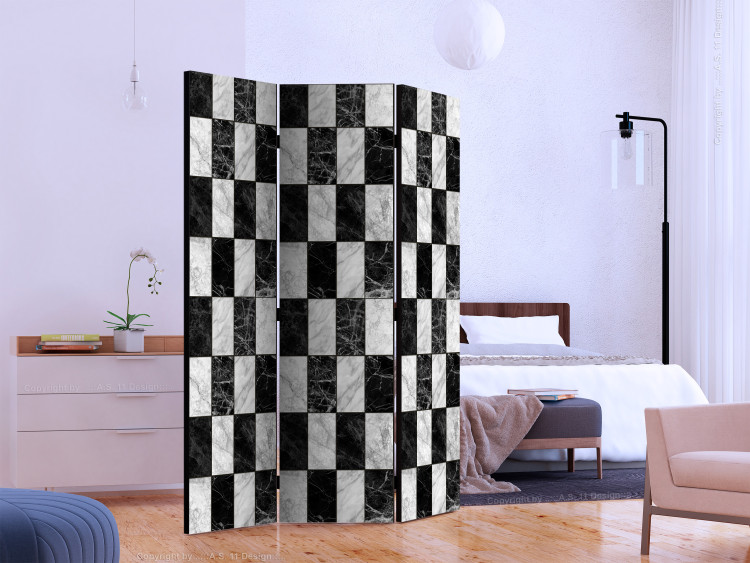 Room Divider Screen Checkerboard (3-piece) - black and white geometric pattern on marble 124161 additionalImage 2