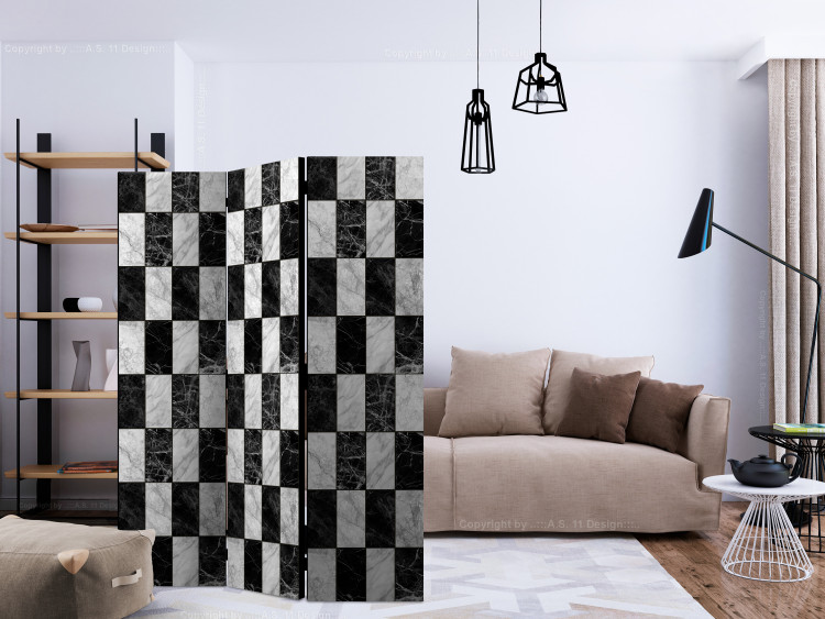 Room Divider Screen Checkerboard (3-piece) - black and white geometric pattern on marble 124161 additionalImage 4