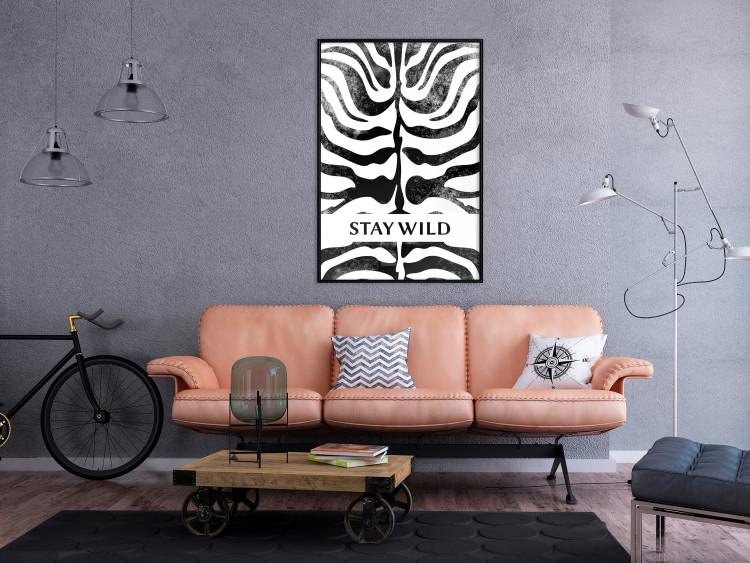 Wall Poster Stay Wild - English inscriptions on a black-and-white zebra background 127061 additionalImage 4