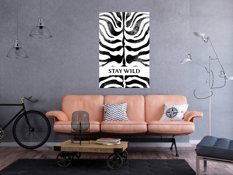 Wall Poster Stay Wild - English inscriptions on a black-and-white zebra background 127061 additionalImage 4