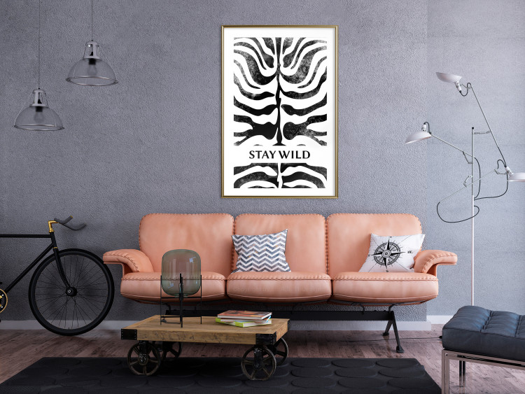 Wall Poster Stay Wild - English inscriptions on a black-and-white zebra background 127061 additionalImage 13