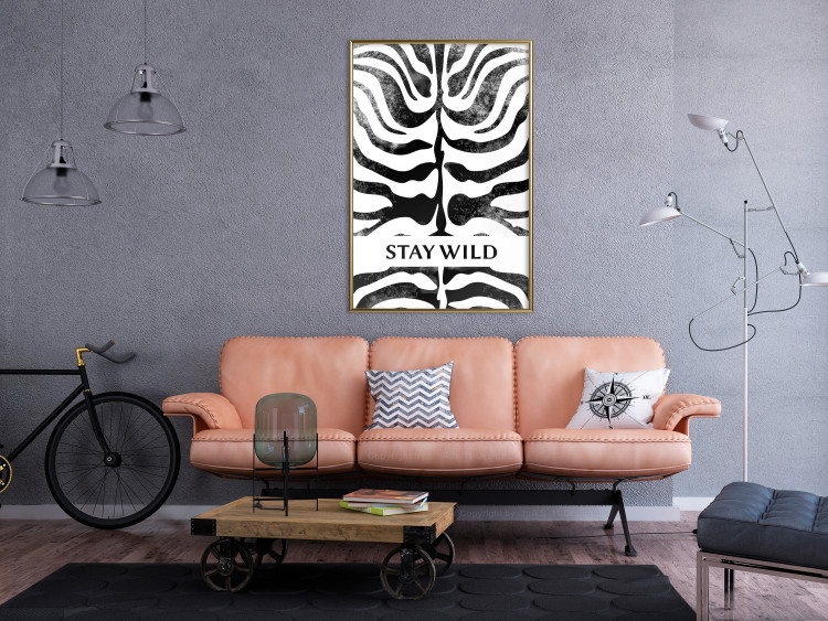 Wall Poster Stay Wild - English inscriptions on a black-and-white zebra background 127061 additionalImage 7