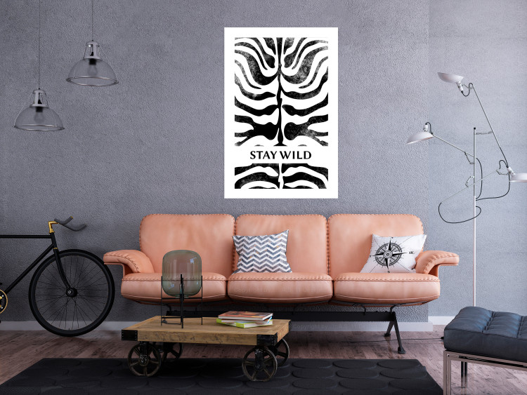 Wall Poster Stay Wild - English inscriptions on a black-and-white zebra background 127061 additionalImage 5