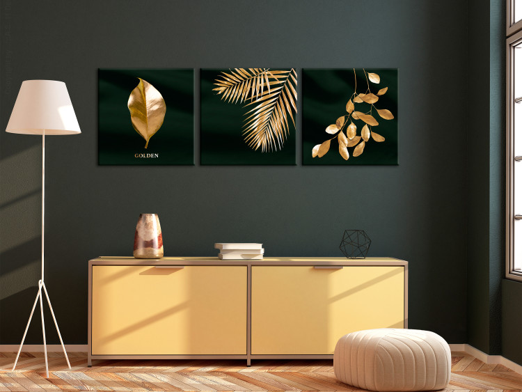 Canvas Noble Vegetation (3-piece) - luxurious gold-covered leaves 129761 additionalImage 3