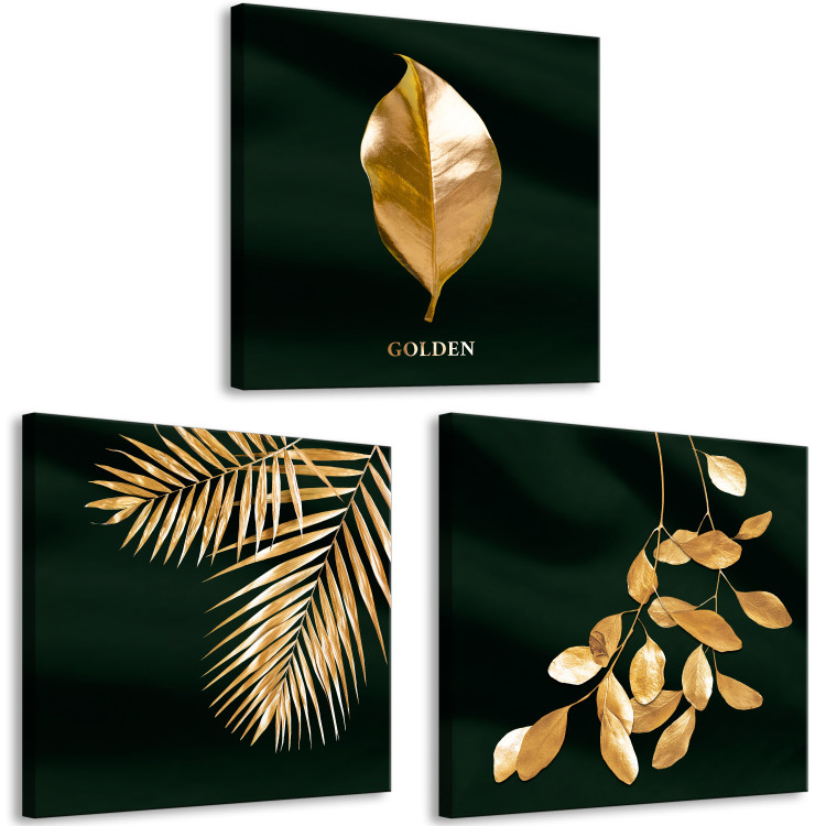 Canvas Noble Vegetation (3-piece) - luxurious gold-covered leaves 129761 additionalImage 2