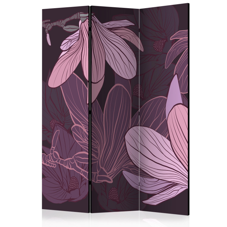 Folding Screen Dreamy Flowers (3-piece) - purple magnolias on a uniform background 132661