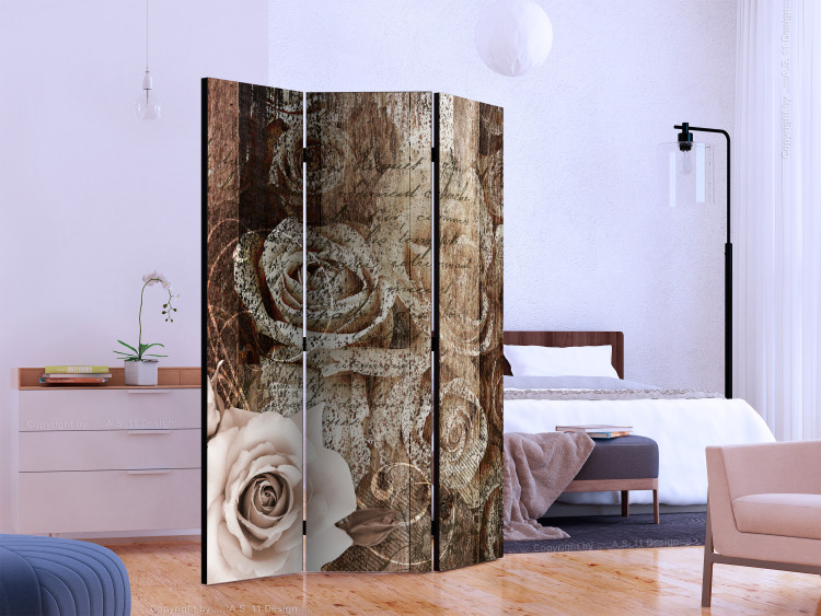 Room Separator Old Wood and Roses (3-piece) - composition with flowers on boards 132861 additionalImage 2