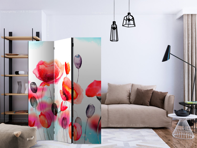 Room Separator Swayed by the Wind - colorful poppies in a watercolor motif on a white background 133861 additionalImage 4