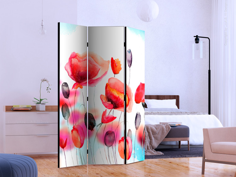 Room Separator Swayed by the Wind - colorful poppies in a watercolor motif on a white background 133861 additionalImage 2