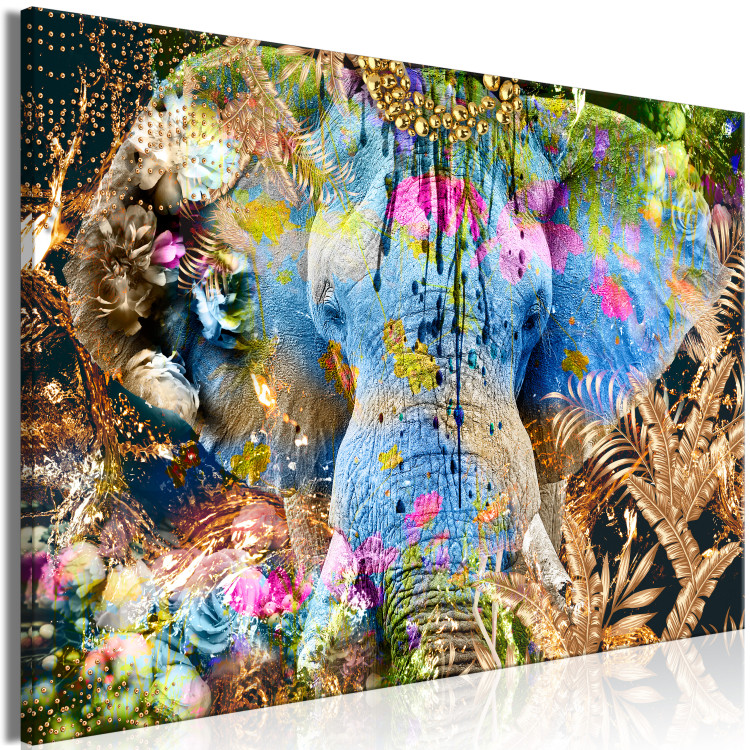 Canvas Art Print Sultan (1-piece) Wide - abstract colorful elephant with flowers 135461 additionalImage 2
