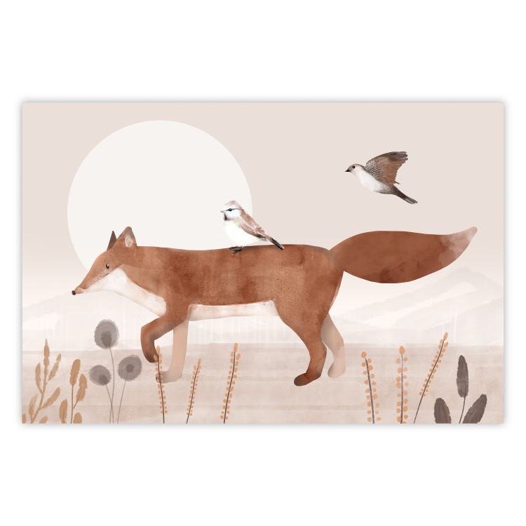 Wall Poster Wandering Fox and Birds - Forest Animals Heading Towards the Sun 144761