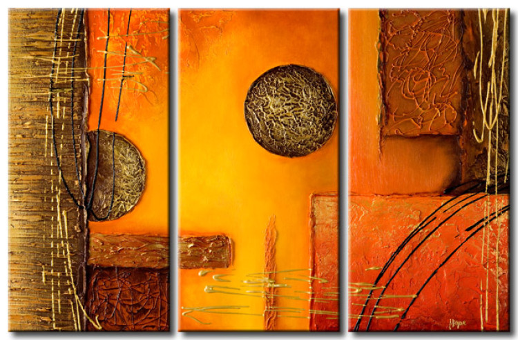 Canvas Print Composition (3-piece) - Orange abstraction with golden circles 48261