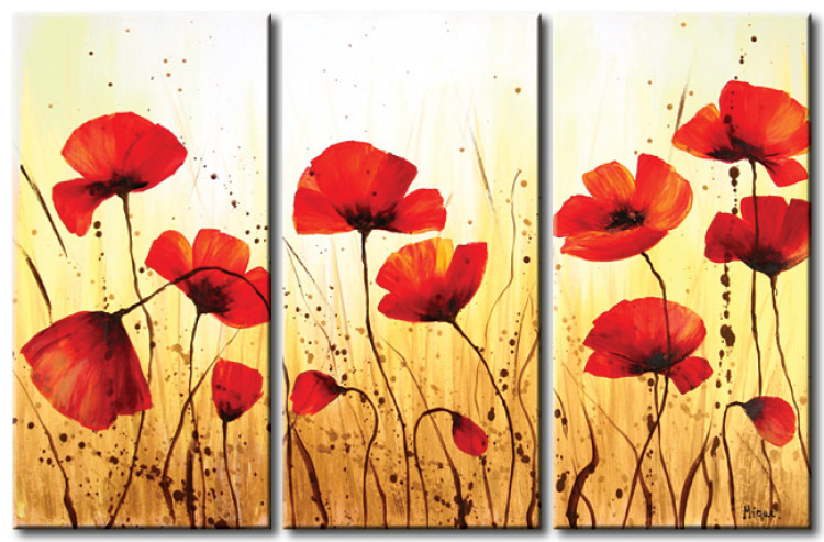 Canvas Art Print Golden Poppy Meadow (3-piece) - Red flowers on a background with splatters 48561