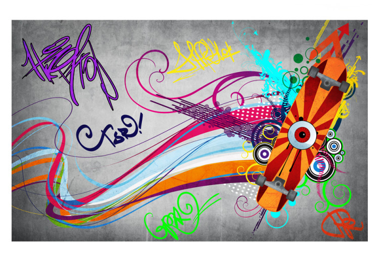 Wall Mural Skateboard - Street Art Mural with Colourful Streak and Patterns on a Gray Background 60561 additionalImage 1