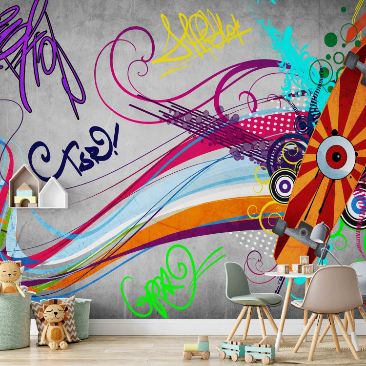 Wall Mural Skateboard - Street Art Mural with Colourful Streak and Patterns on a Gray Background 60561 additionalImage 4