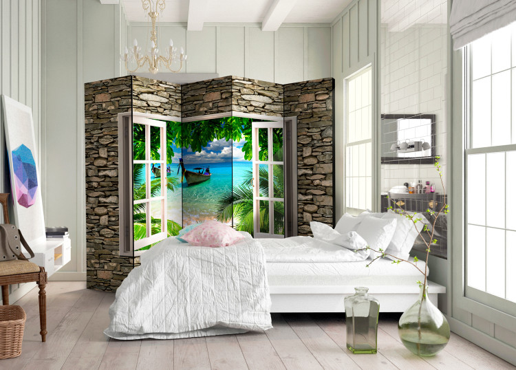 Room Divider Tropical Beach II - stone texture with a window overlooking the sea 95961 additionalImage 2