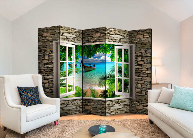 Room Divider Tropical Beach II - stone texture with a window overlooking the sea 95961 additionalImage 4