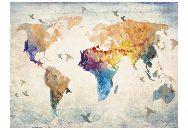 Wall Mural World map - colourful outline of the continents with a flying bird motif 96861 additionalImage 1