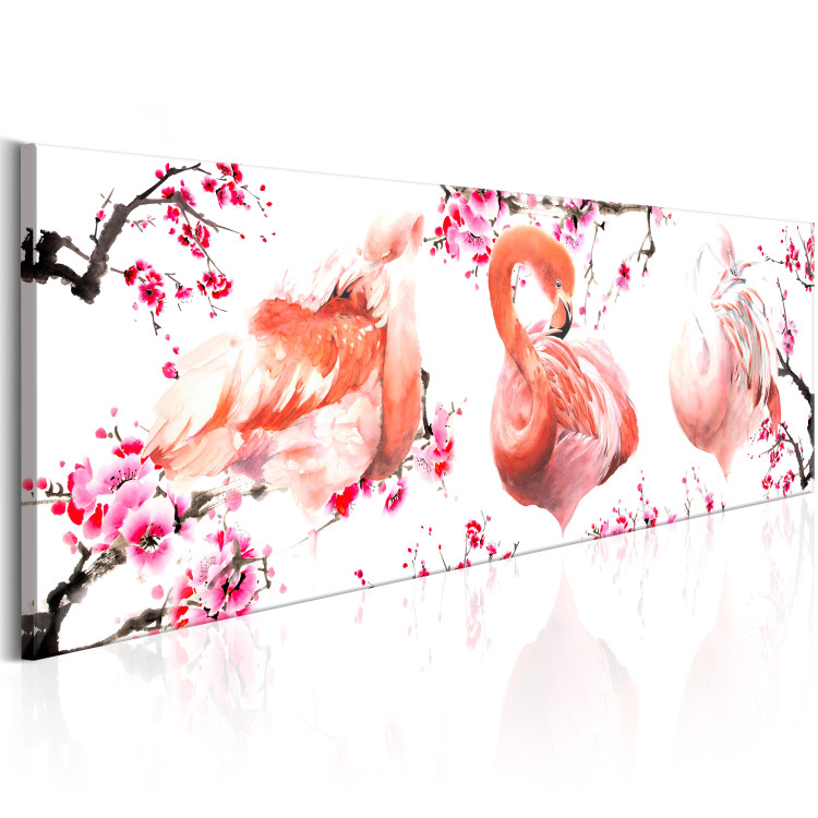 Canvas Art Print Avian Beauty - Pink Flamingos with Japanese Flowers on White Background 98161 additionalImage 2