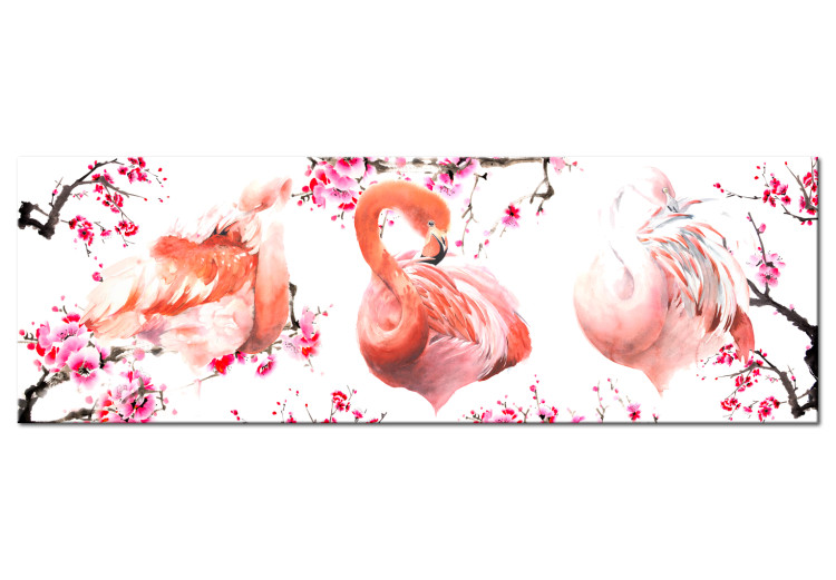 Canvas Art Print Avian Beauty - Pink Flamingos with Japanese Flowers on White Background 98161