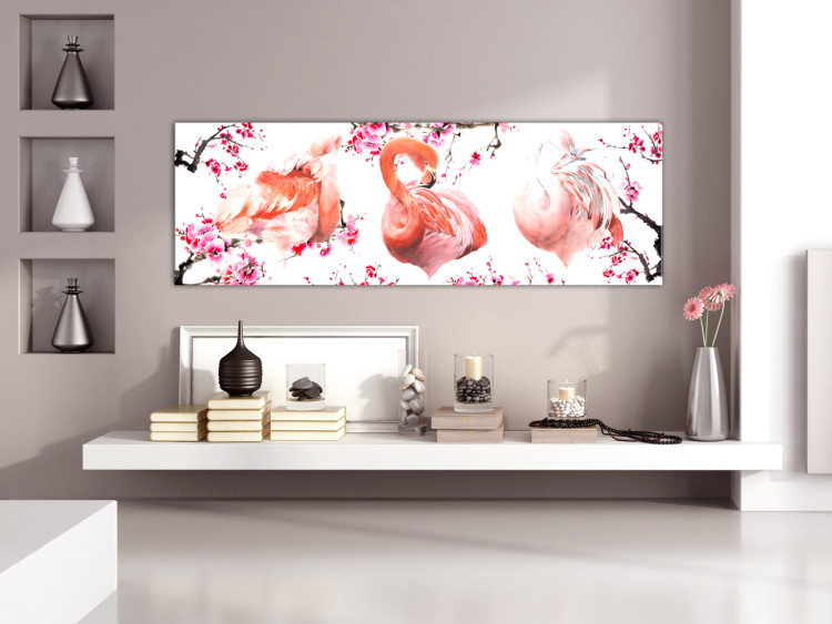 Canvas Art Print Avian Beauty - Pink Flamingos with Japanese Flowers on White Background 98161 additionalImage 3