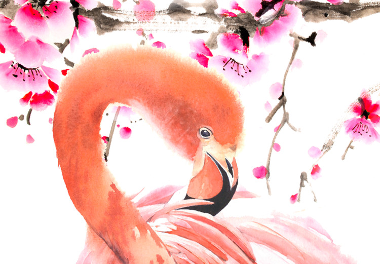 Canvas Art Print Avian Beauty - Pink Flamingos with Japanese Flowers on White Background 98161 additionalImage 5