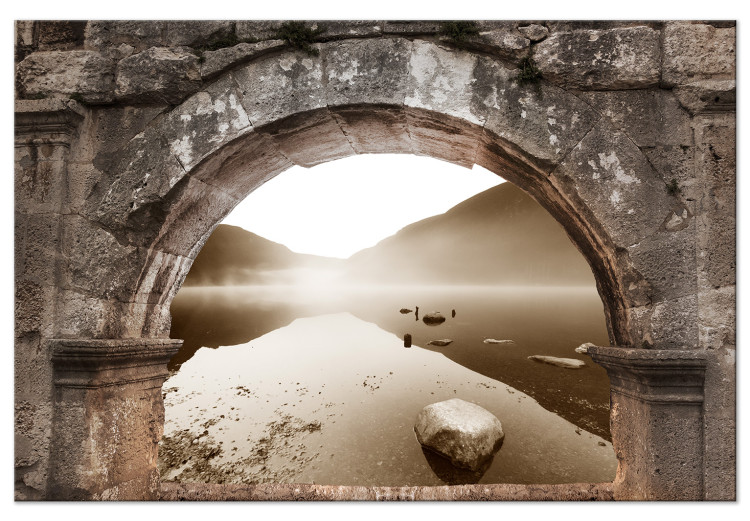 Canvas Lake in the fog - a composition with stone arcade and mountain lake 124371
