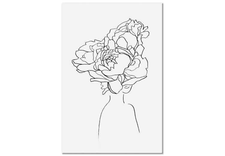 Canvas Art Print Flowery face - black and white, linear woman portrait with flower 132171